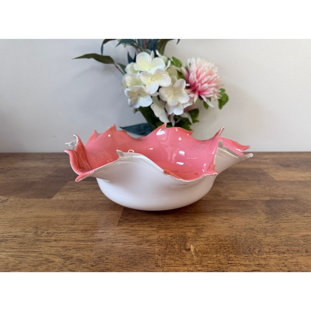 Vintage Pink White Cased Art Glass Ruffled Centerpiece Bowl Fenton Style Decor